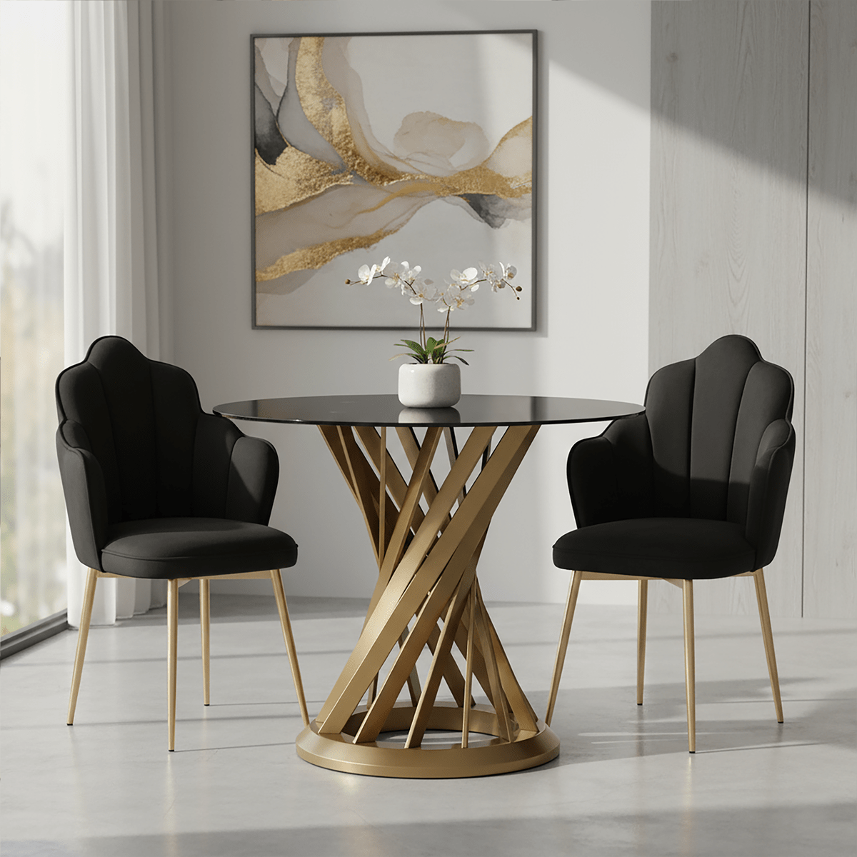 Black Glass Top and Gold Hourglass Base Dining Table, Anzio - Joe’s Haven