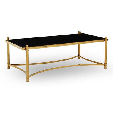 Gold Finish Base Coffee Table with Black Glass Top, Ackley - Joe’s Haven