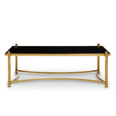 Gold Finish Base Coffee Table with Black Glass Top, Ackley - Joe’s Haven