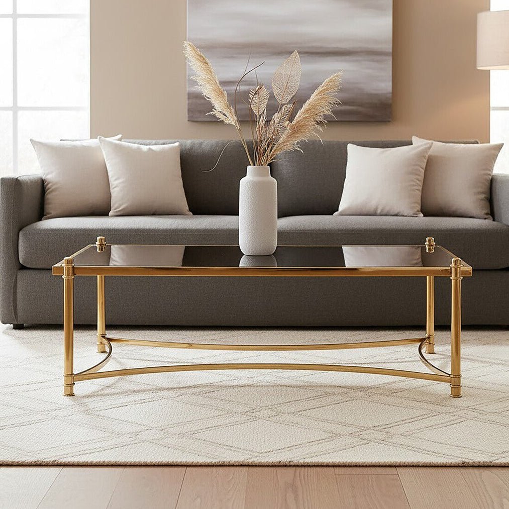 Gold Finish Base Coffee Table with Black Glass Top, Ackley - Joe’s Haven