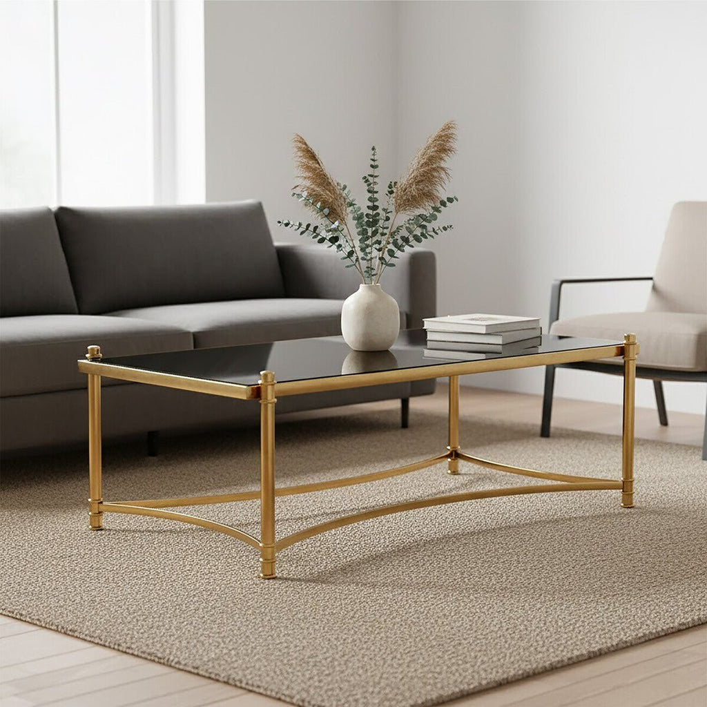 Gold Finish Base Coffee Table with Black Glass Top, Ackley - Joe’s Haven