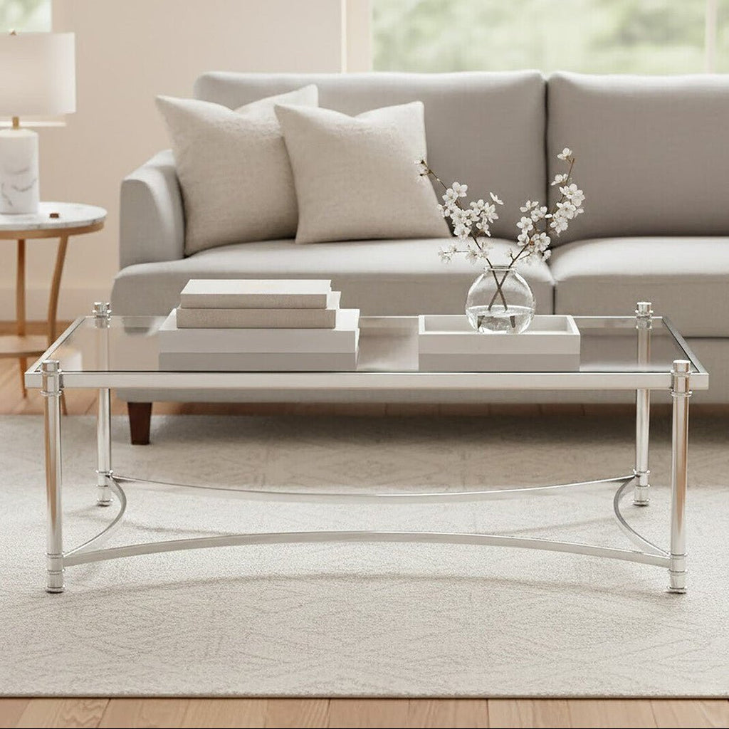 Silver Finish Base Coffee Table with Clear Glass Top, Ackley - Joe’s Haven