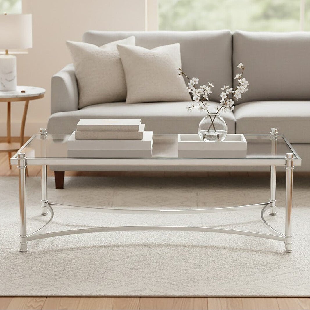Silver Finish Base Coffee Table with Clear Glass Top, Ackley - Joe’s Haven