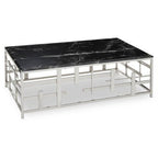 Black Marble Top Coffee Table with Silver Finish Geometric Stainless Steel Base, Aprilia - Joe’s Haven