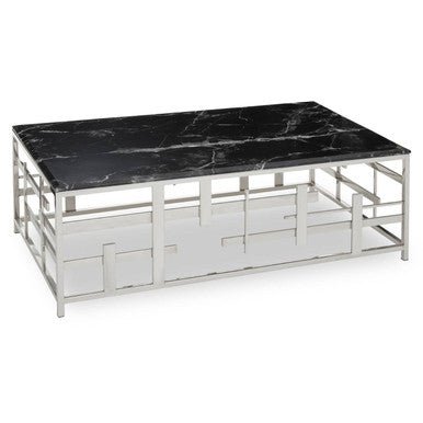 Black Marble Top Coffee Table with Silver Finish Geometric Stainless Steel Base, Aprilia - Joe’s Haven