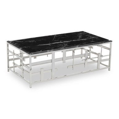 Black Marble Top Coffee Table with Silver Finish Geometric Stainless Steel Base, Aprilia - Joe’s Haven