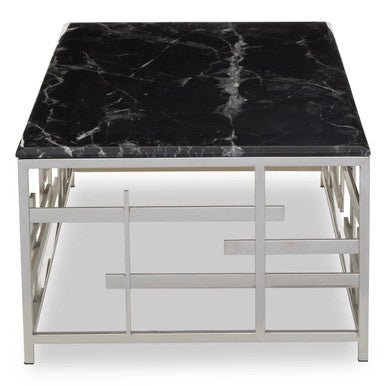 Black Marble Top Coffee Table with Silver Finish Geometric Stainless Steel Base, Aprilia - Joe’s Haven