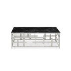 Black Marble Top Coffee Table with Silver Finish Geometric Stainless Steel Base, Aprilia - Joe’s Haven