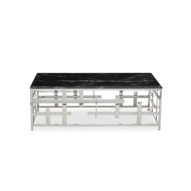 Black Marble Top Coffee Table with Silver Finish Geometric Stainless Steel Base, Aprilia - Joe’s Haven