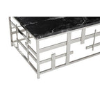 Black Marble Top Coffee Table with Silver Finish Geometric Stainless Steel Base, Aprilia - Joe’s Haven