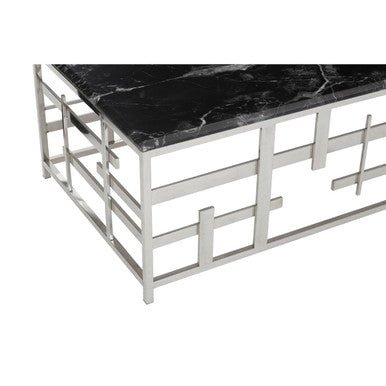 Black Marble Top Coffee Table with Silver Finish Geometric Stainless Steel Base, Aprilia - Joe’s Haven