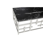 Black Marble Top Coffee Table with Silver Finish Geometric Stainless Steel Base, Aprilia - Joe’s Haven