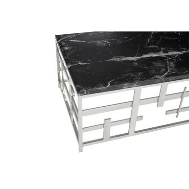 Black Marble Top Coffee Table with Silver Finish Geometric Stainless Steel Base, Aprilia - Joe’s Haven
