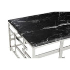 Black Marble Top Coffee Table with Silver Finish Geometric Stainless Steel Base, Aprilia - Joe’s Haven