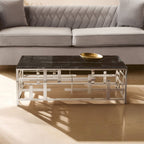 Black Marble Top Coffee Table with Silver Finish Geometric Stainless Steel Base, Aprilia - Joe’s Haven