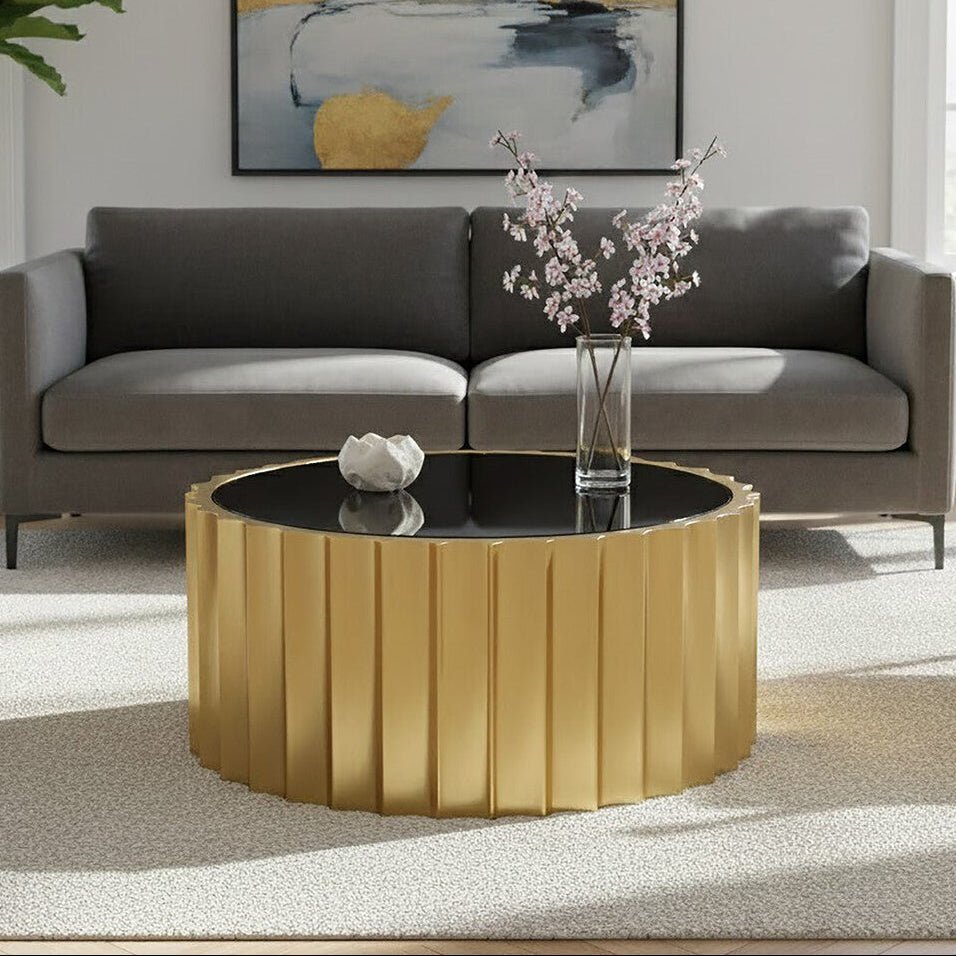 Black Glass Top and Titanium Base Round Coffee Table, Alvaro - Joe’s Haven