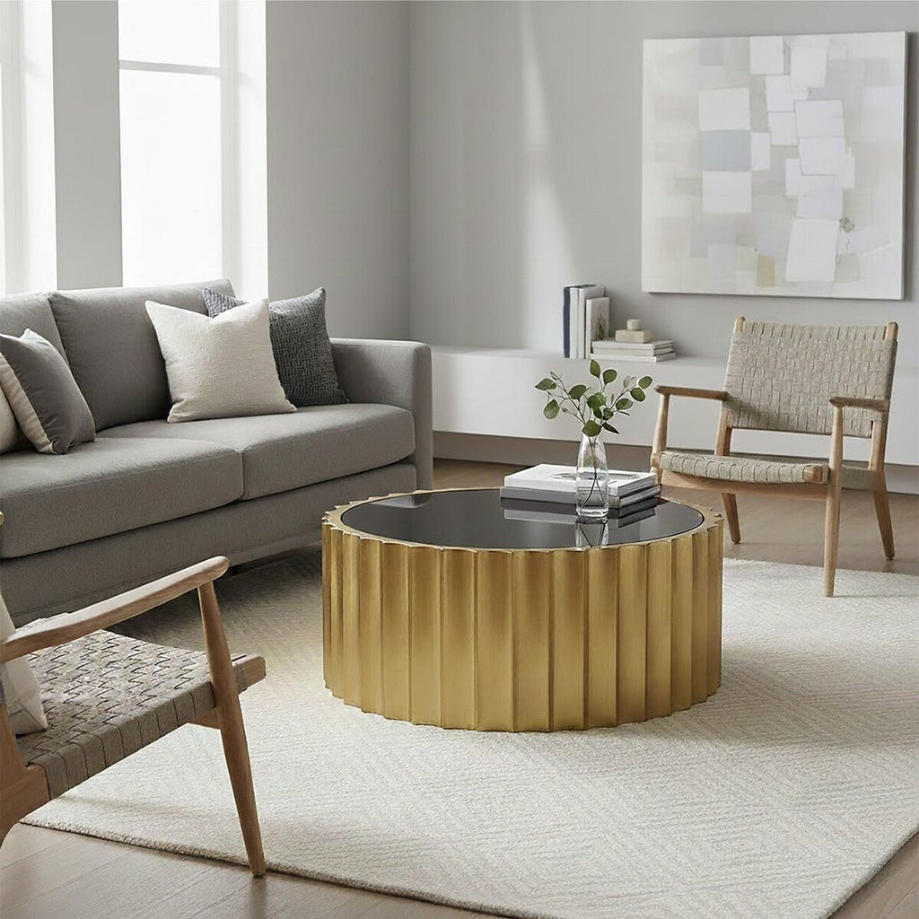 Black Glass Top and Titanium Base Round Coffee Table, Alvaro - Joe’s Haven