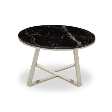 Silver Finish Frame Coffee Table with Round Black Marble Top, Alvaro - Joe’s Haven