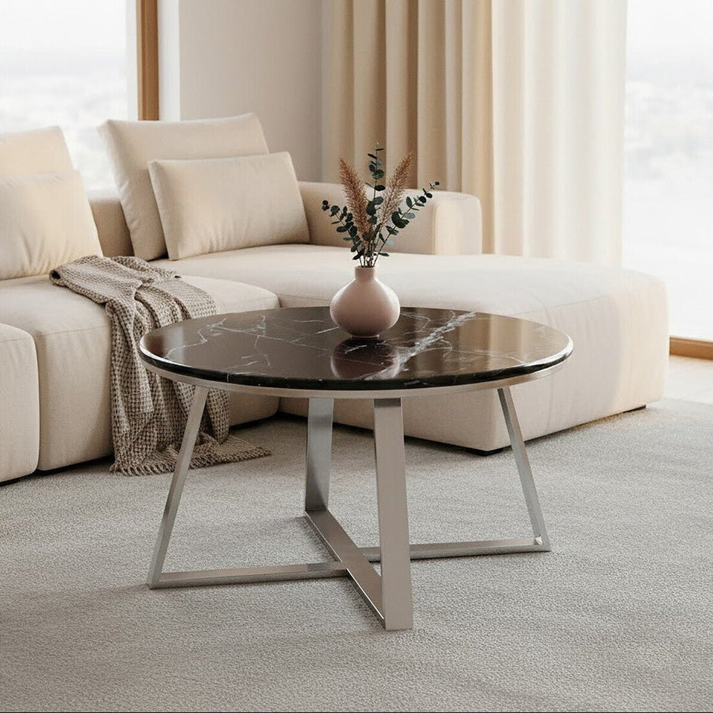 Silver Finish Frame Coffee Table with Round Black Marble Top, Alvaro - Joe’s Haven