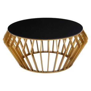 Gold Base Round Coffee Table with Black Glass Top, Ackley - Joe’s Haven