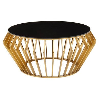 Gold Base Round Coffee Table with Black Glass Top, Ackley - Joe’s Haven