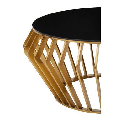 Gold Base Round Coffee Table with Black Glass Top, Ackley - Joe’s Haven