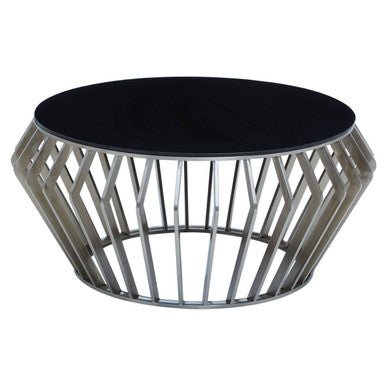 Silver Base Round Coffee Table with Black Glass Top, Ackley - Joe’s Haven