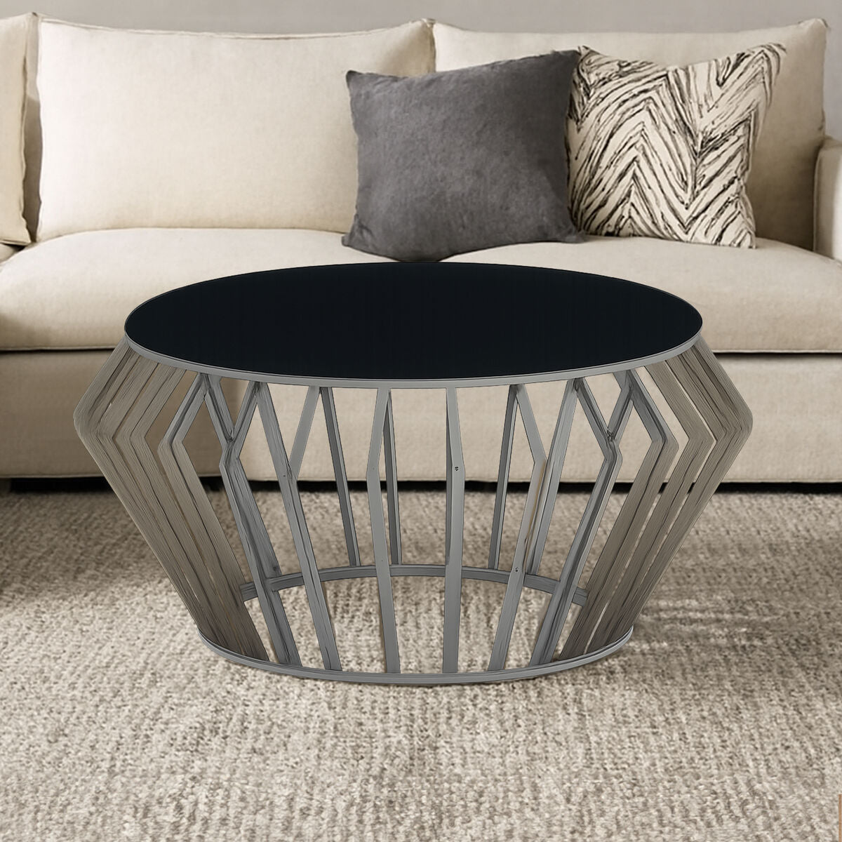 Silver Base Round Coffee Table with Black Glass Top, Ackley - Joe’s Haven