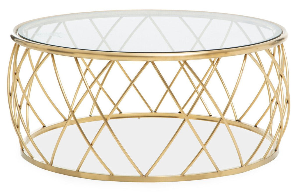 Gold Base Round Coffee Table with Clear Glass Top, Ackley - Joe’s Haven