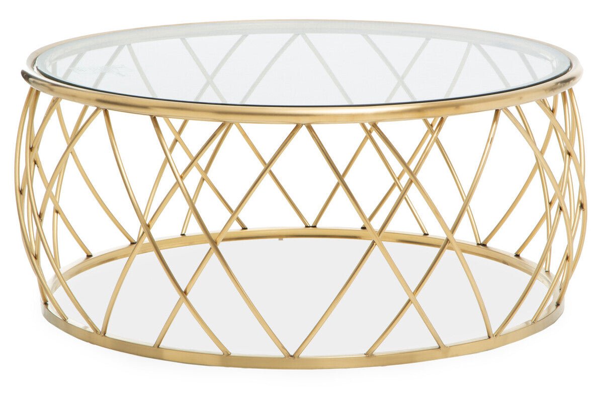 Gold Base Round Coffee Table with Clear Glass Top, Ackley - Joe’s Haven
