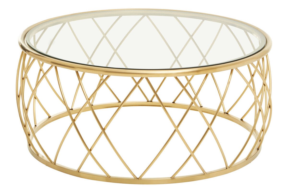 Gold Base Round Coffee Table with Clear Glass Top, Ackley - Joe’s Haven