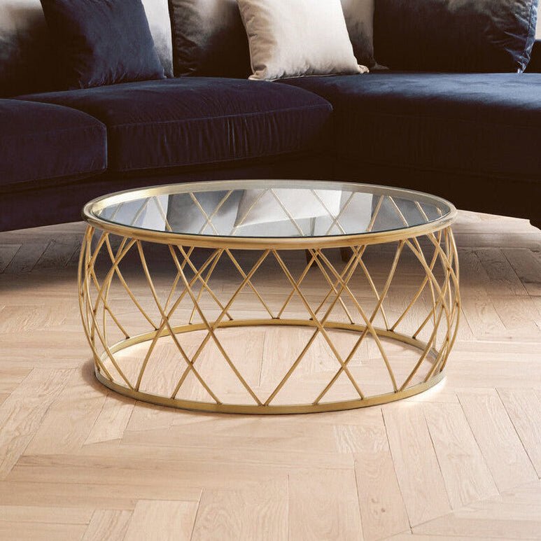 Gold Base Round Coffee Table with Clear Glass Top, Ackley - Joe’s Haven