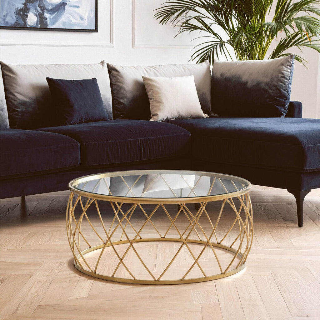 Gold Base Round Coffee Table with Clear Glass Top, Ackley - Joe’s Haven