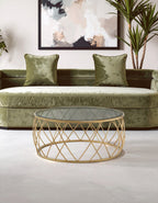 Gold Base Round Coffee Table with Clear Glass Top, Ackley - Joe’s Haven