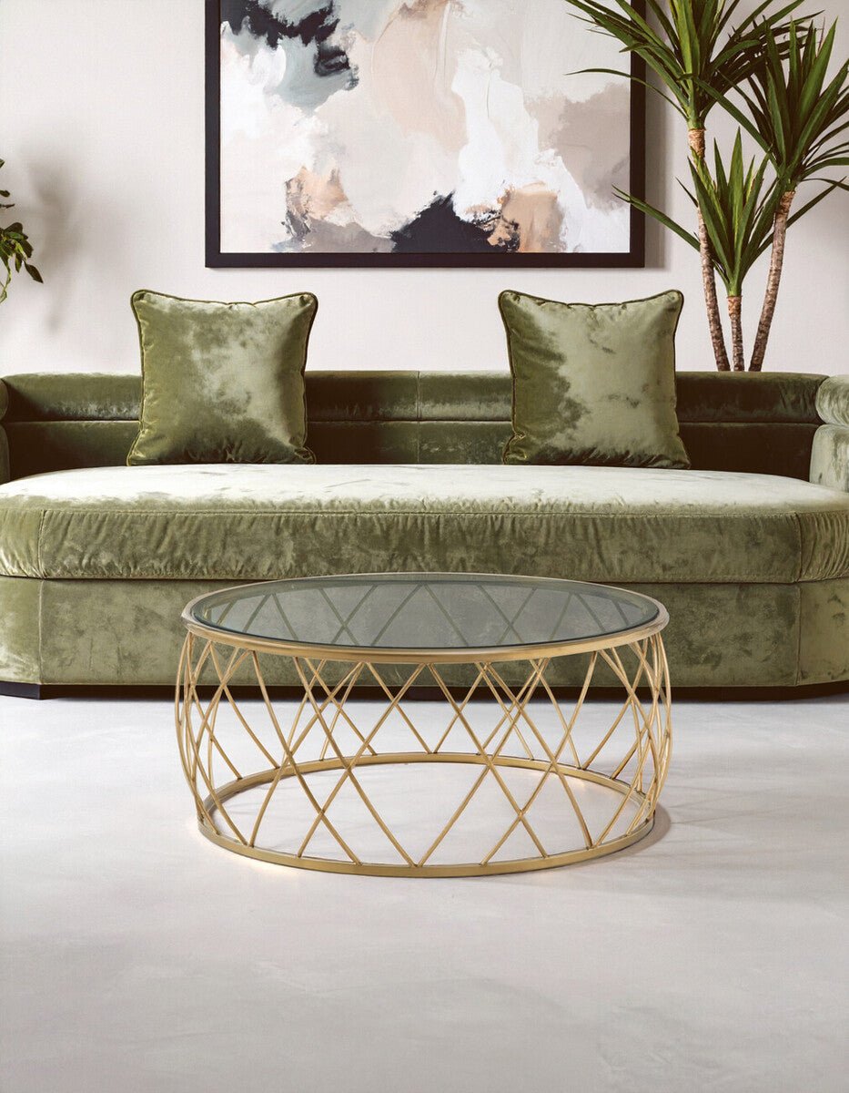Gold Base Round Coffee Table with Clear Glass Top, Ackley - Joe’s Haven