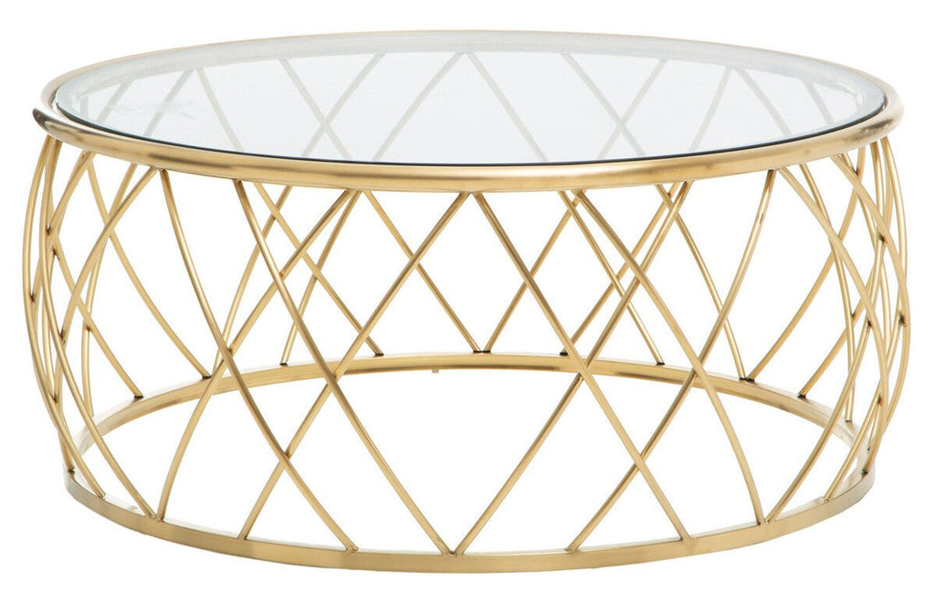 Gold Base Round Coffee Table with Clear Glass Top, Ackley - Joe’s Haven