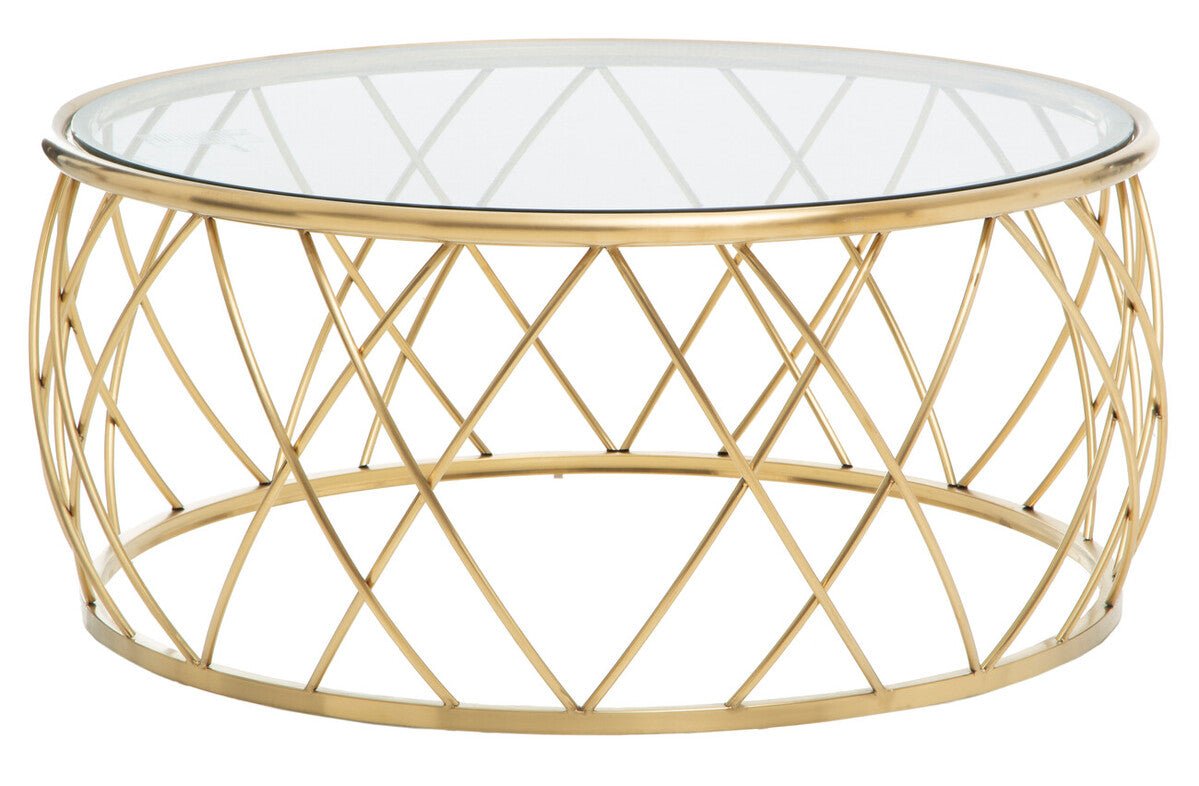 Gold Base Round Coffee Table with Clear Glass Top, Ackley - Joe’s Haven