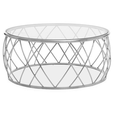 Silver Base Round Coffee Table with Clear Glass Top, Ackley - Joe’s Haven