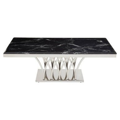 Black Marble Top Coffee Table with Intricate Silver Base, Arenza - Joe’s Haven