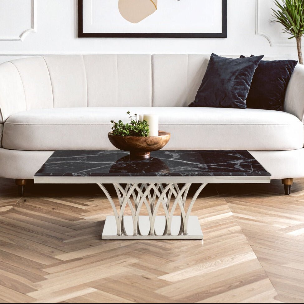 Black Marble Top Coffee Table with Intricate Silver Base, Arenza - Joe’s Haven