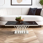Black Marble Top Coffee Table with Intricate Silver Base, Arenza - Joe’s Haven