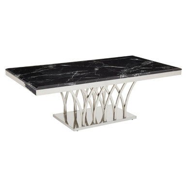Black Marble Top Coffee Table with Intricate Silver Base, Arenza - Joe’s Haven