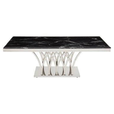 Black Marble Top Coffee Table with Intricate Silver Base, Arenza - Joe’s Haven