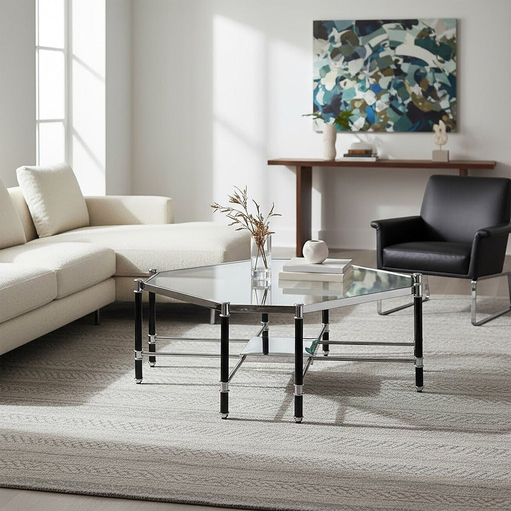 Silver and Black Metal Coffee Table with Clear Tempered Glass Top, Allessi - Joe’s Haven