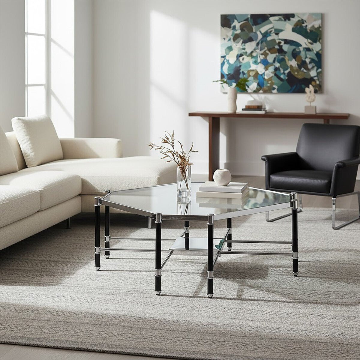 Silver and Black Metal Coffee Table with Clear Tempered Glass Top, Allessi - Joe’s Haven