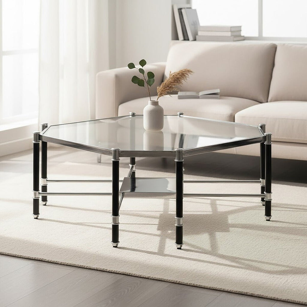 Silver and Black Metal Coffee Table with Clear Tempered Glass Top, Allessi - Joe’s Haven