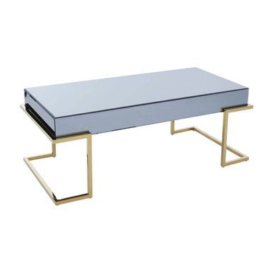 Grey Mirrored Top Coffee Table with Gold Finish Stainless Steel Sledge Base, Kaso - Joe’s Haven
