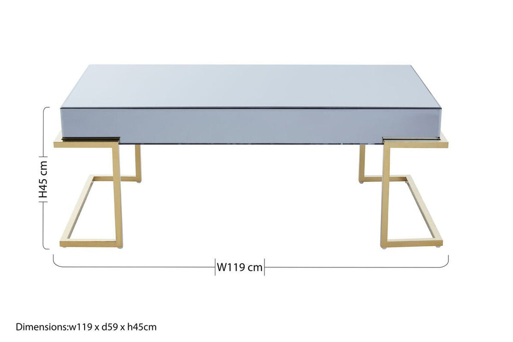 Grey Mirrored Top Coffee Table with Gold Finish Stainless Steel Sledge Base, Kaso - Joe’s Haven