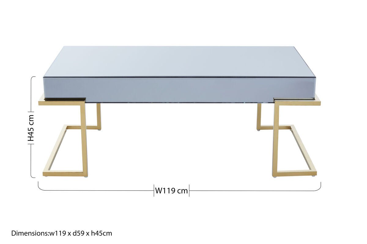 Grey Mirrored Top Coffee Table with Gold Finish Stainless Steel Sledge Base, Kaso - Joe’s Haven