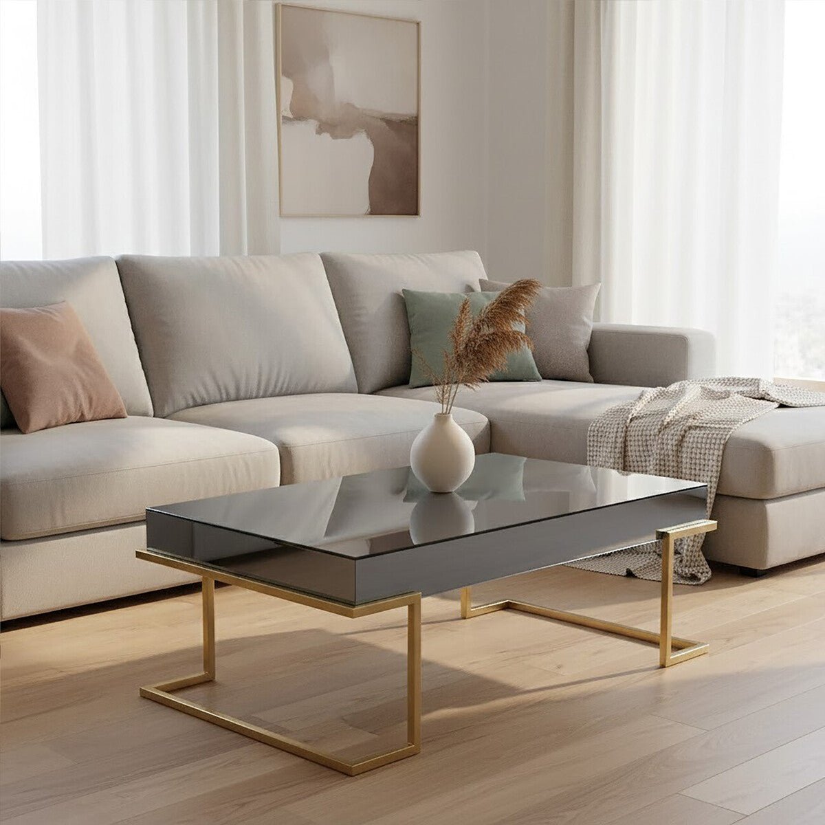 Grey Mirrored Top Coffee Table with Gold Finish Stainless Steel Sledge Base, Kaso - Joe’s Haven